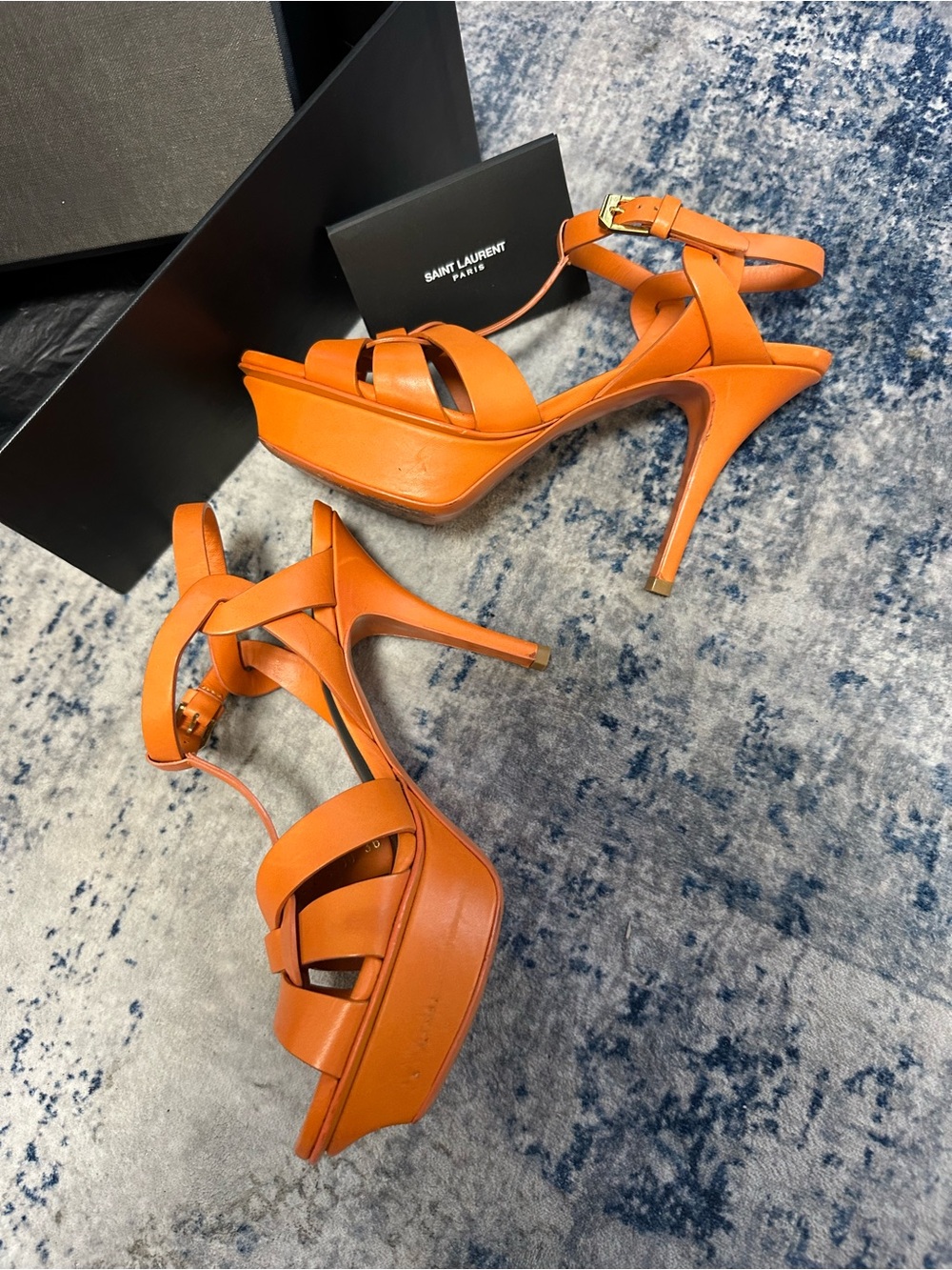 Saint Laurent Orange Leather Woven Heeled Sandals - Picture 3 of 6